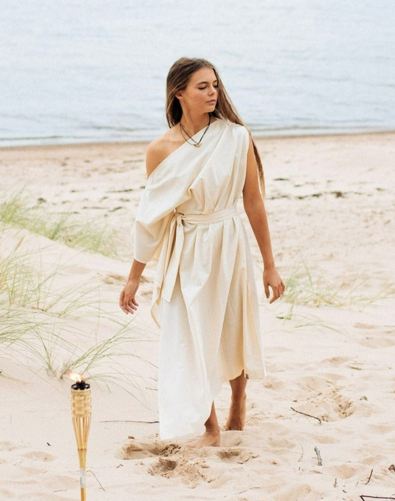 APHRODITE Organic Cotton One Shoulder Dress / Natural