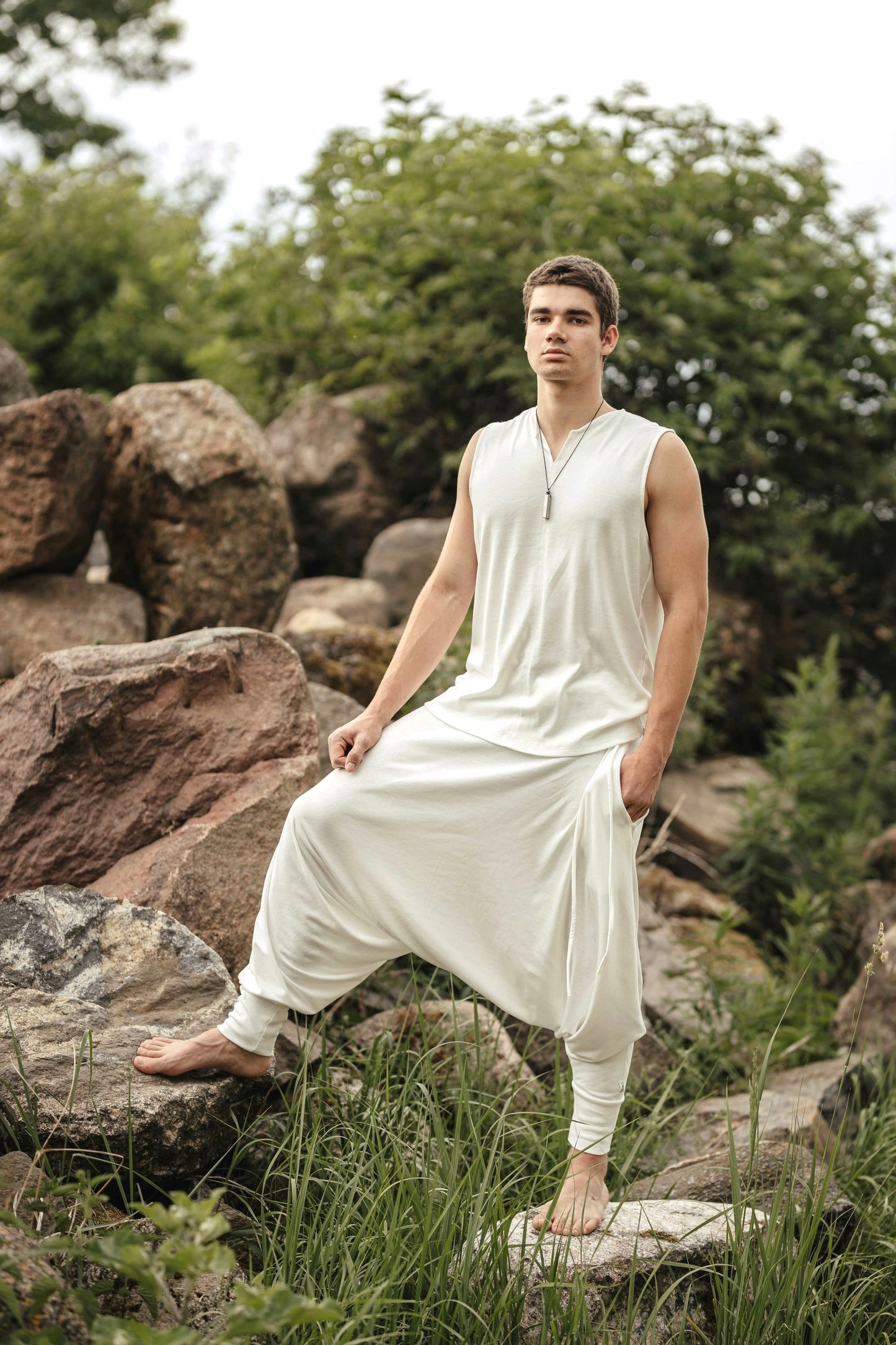 Shamanic Set of Top, Pants and Cloak for men / Milky White