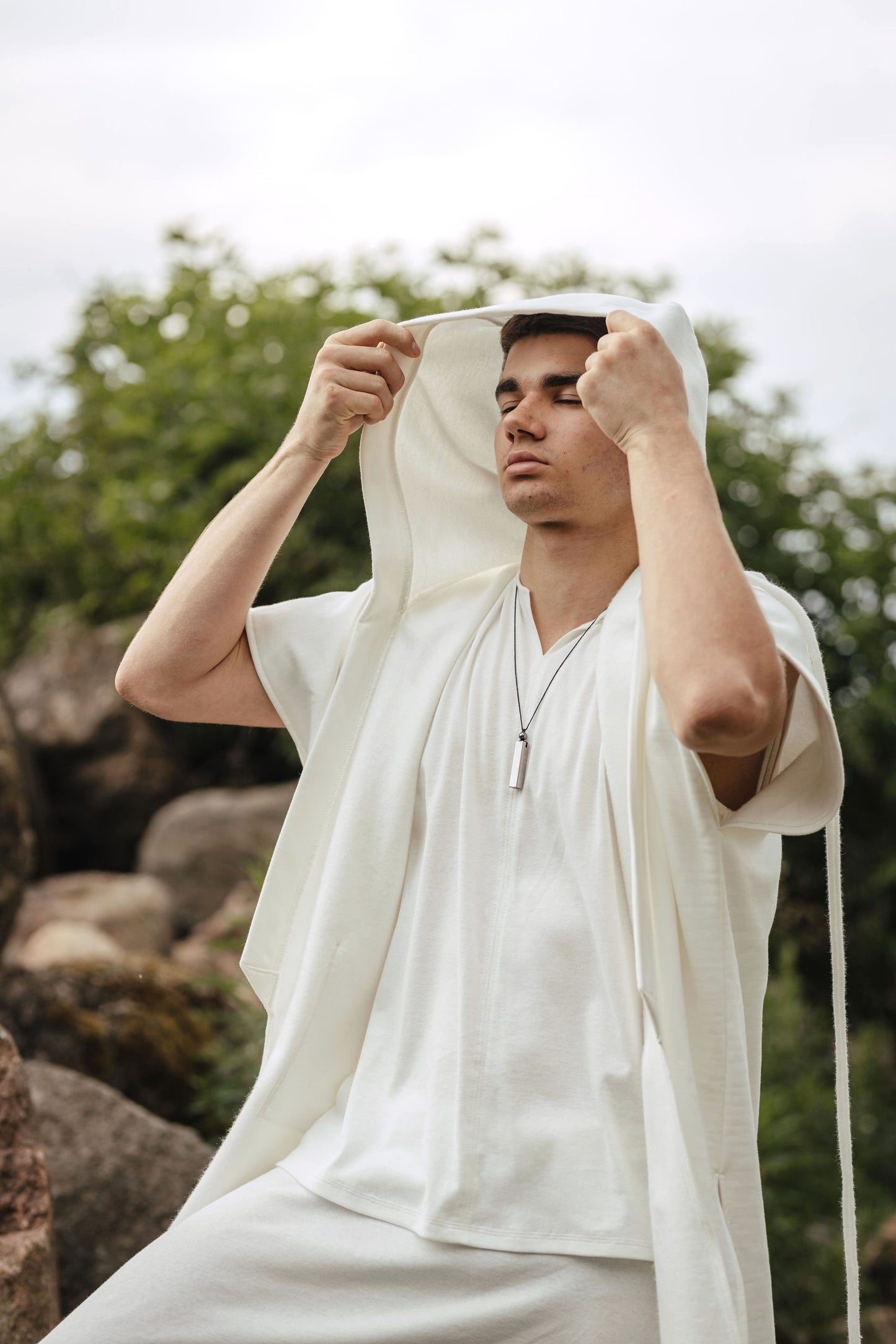 ELIAN Shamanic Cloak with Hood for men / Milky White / Black