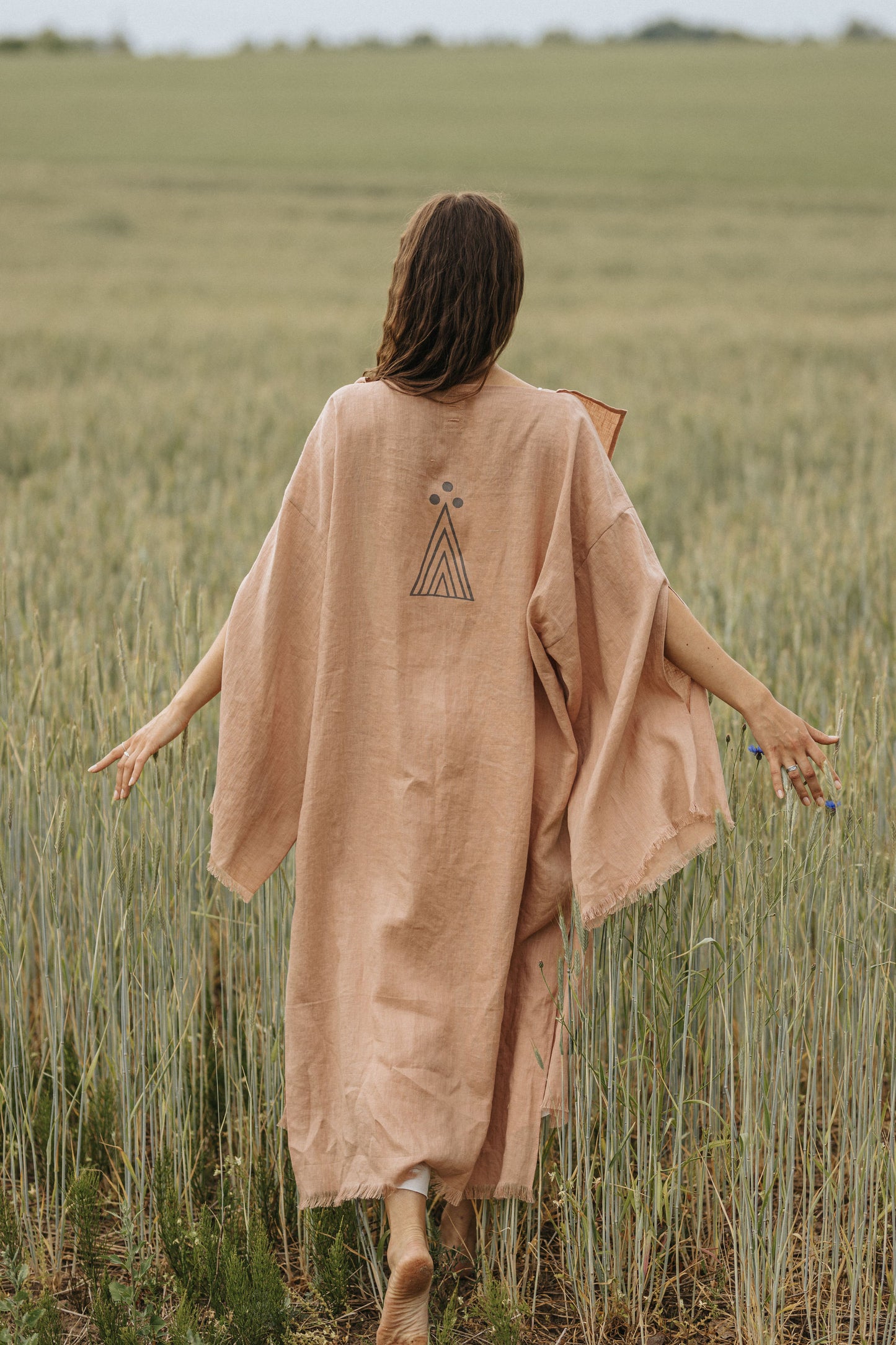 KAY Kimono from Silk alike Linen with Screenprint of Ancient Latvian Sign of God