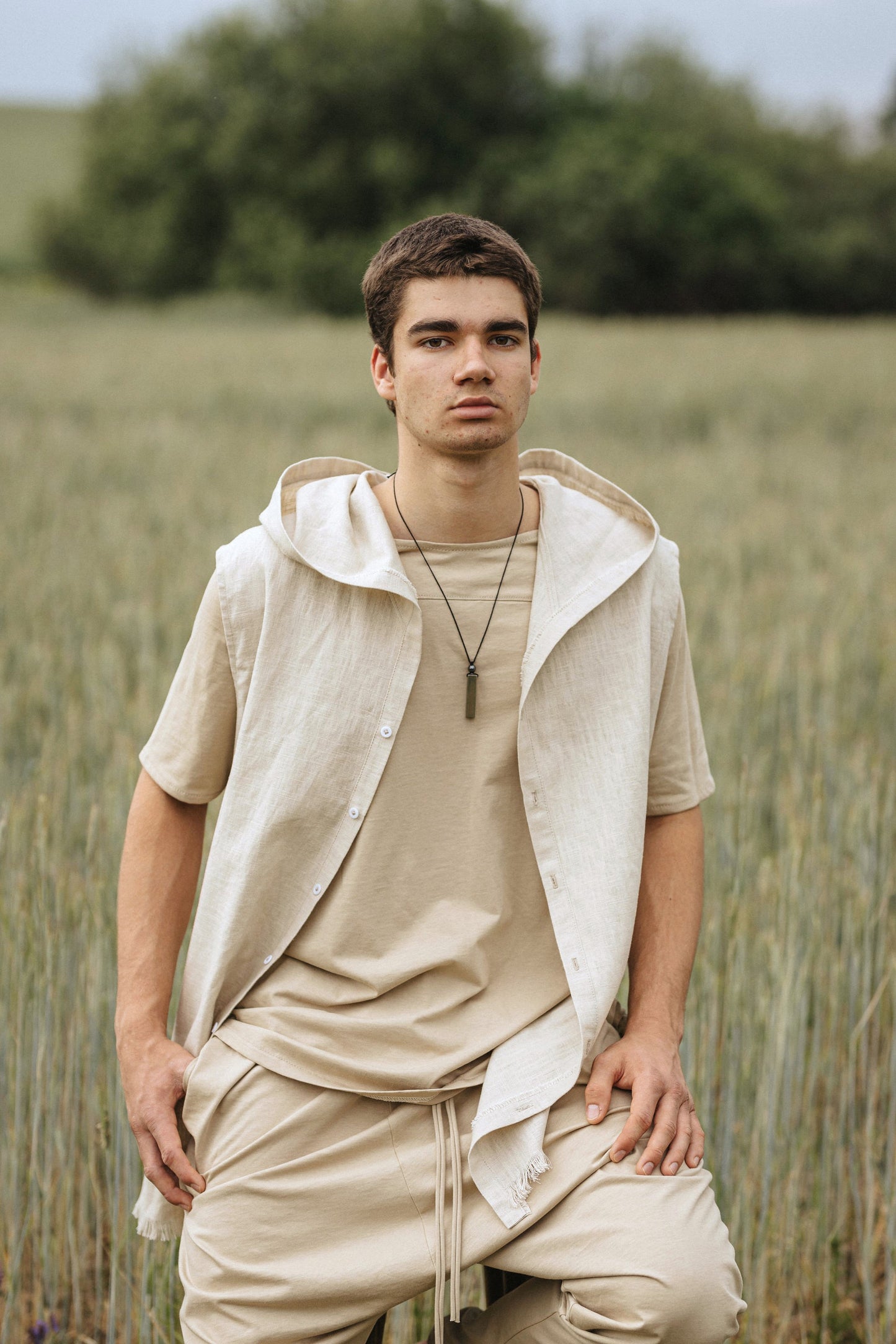 Linen Short sleeve Shirt with Hood for men / Beige