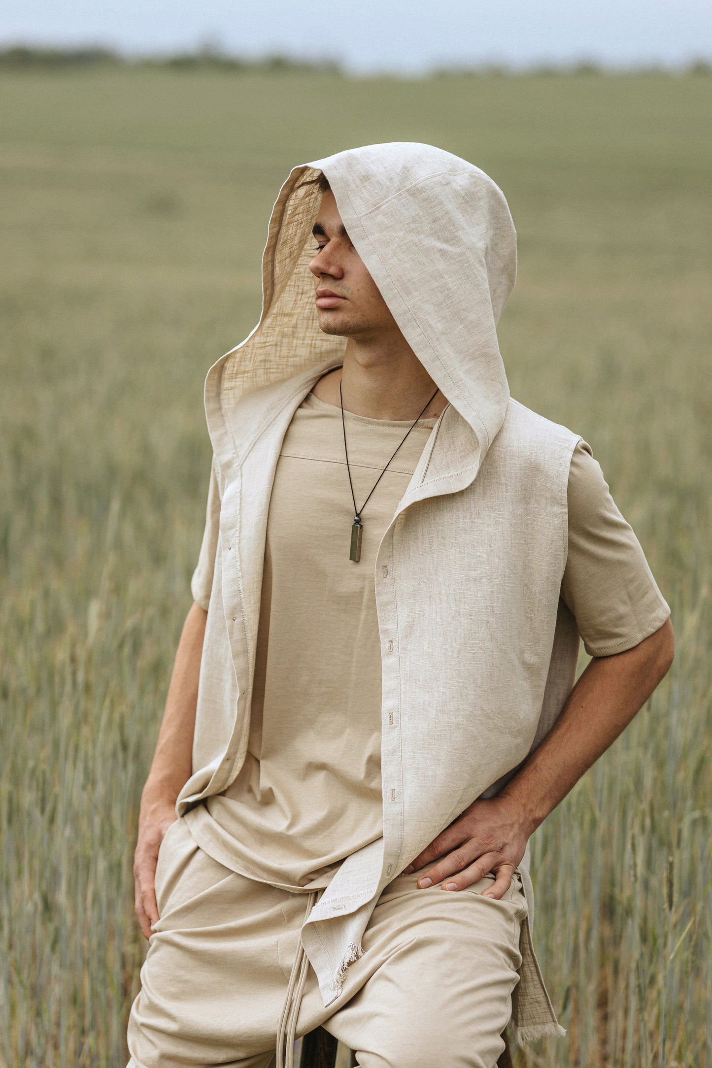 Linen Short sleeve Shirt with Hood for men / Beige