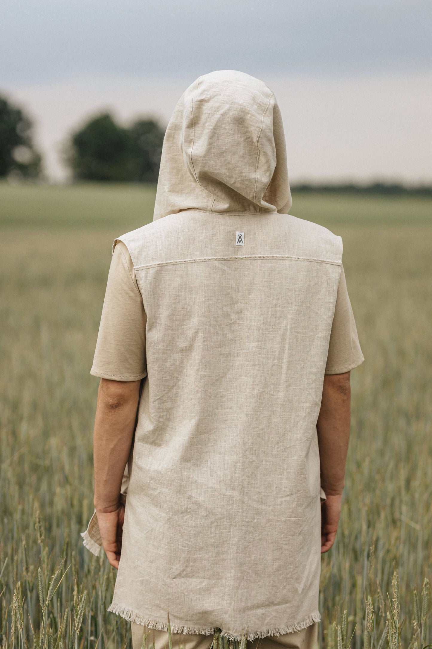Linen Short sleeve Shirt with Hood for men / Beige