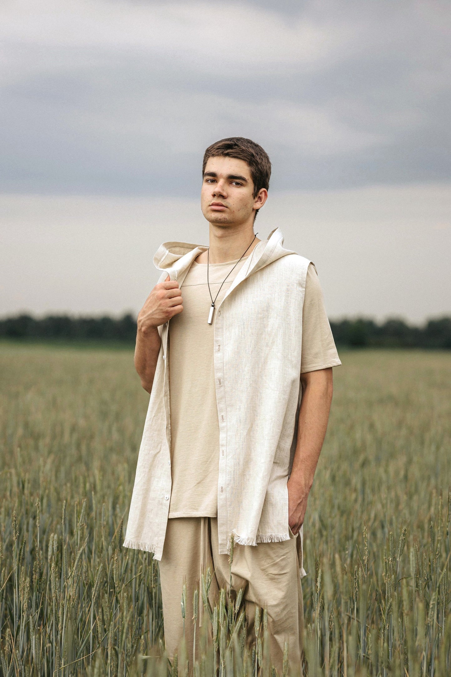 Linen Short sleeve Shirt with Hood for men / Beige