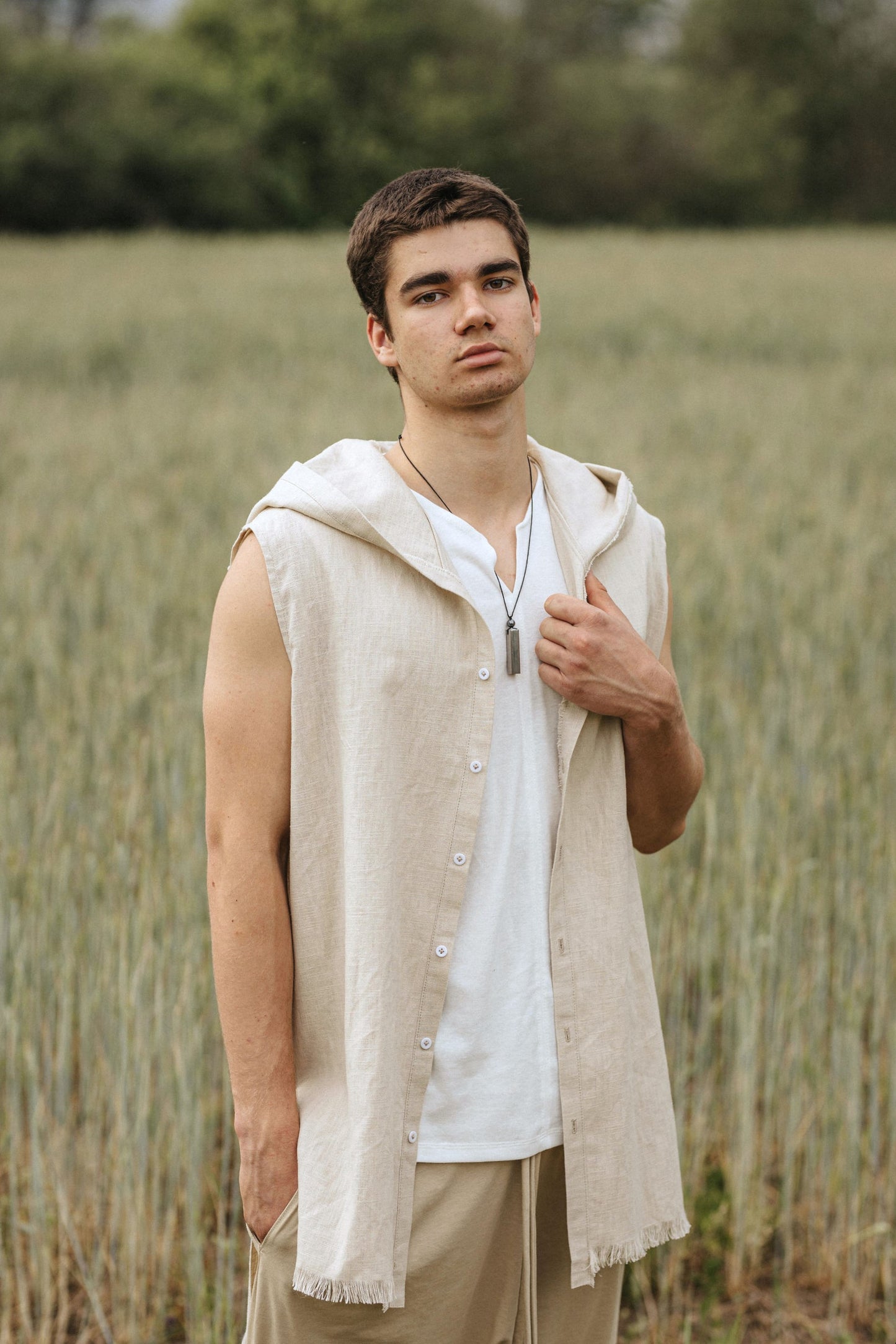 Linen Short sleeve Shirt with Hood for men / Beige
