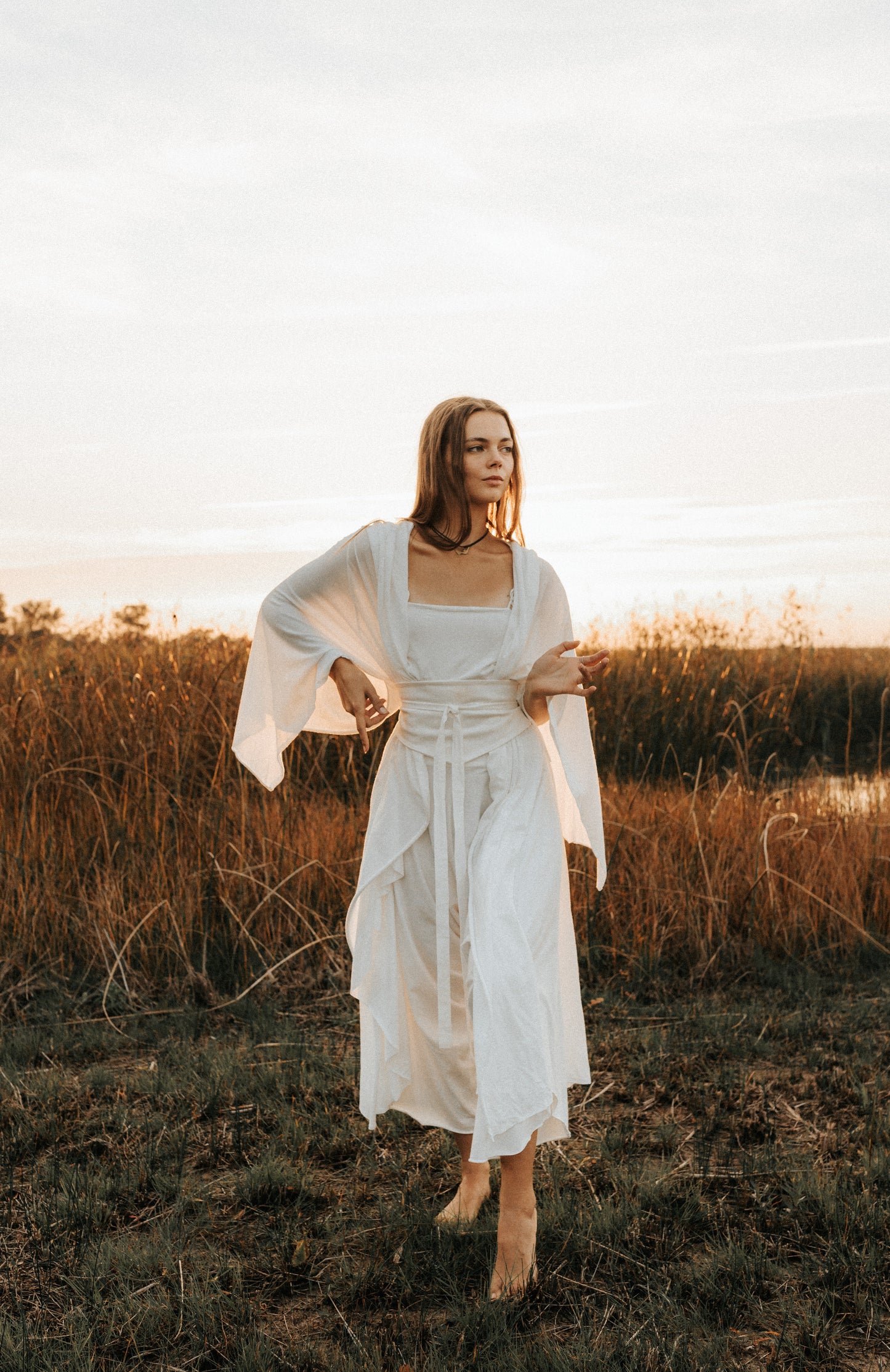 Set of ENYA Kimono Cardigan, ELYSIAN Pants, Tencel Mini Top and Diamond Corset Belt / Milky White / Black