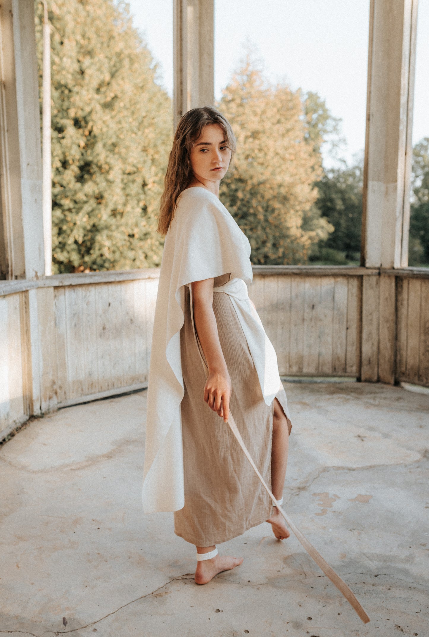Set of AWEN Cloak, INNAMA Dress and Diamond Belt / Milky White, Beige