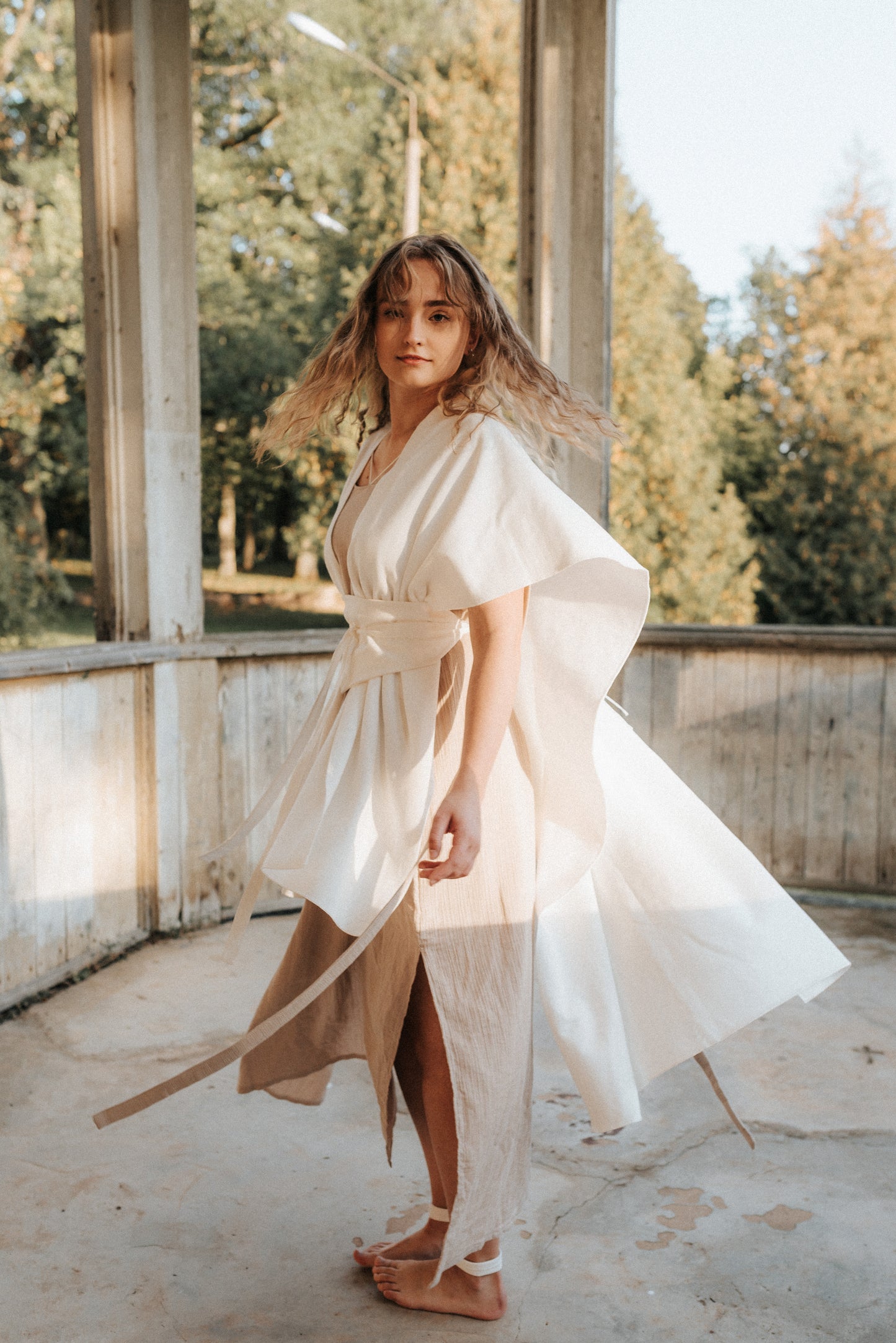 Set of AWEN Cloak, INNAMA Dress and Diamond Belt / Milky White, Beige
