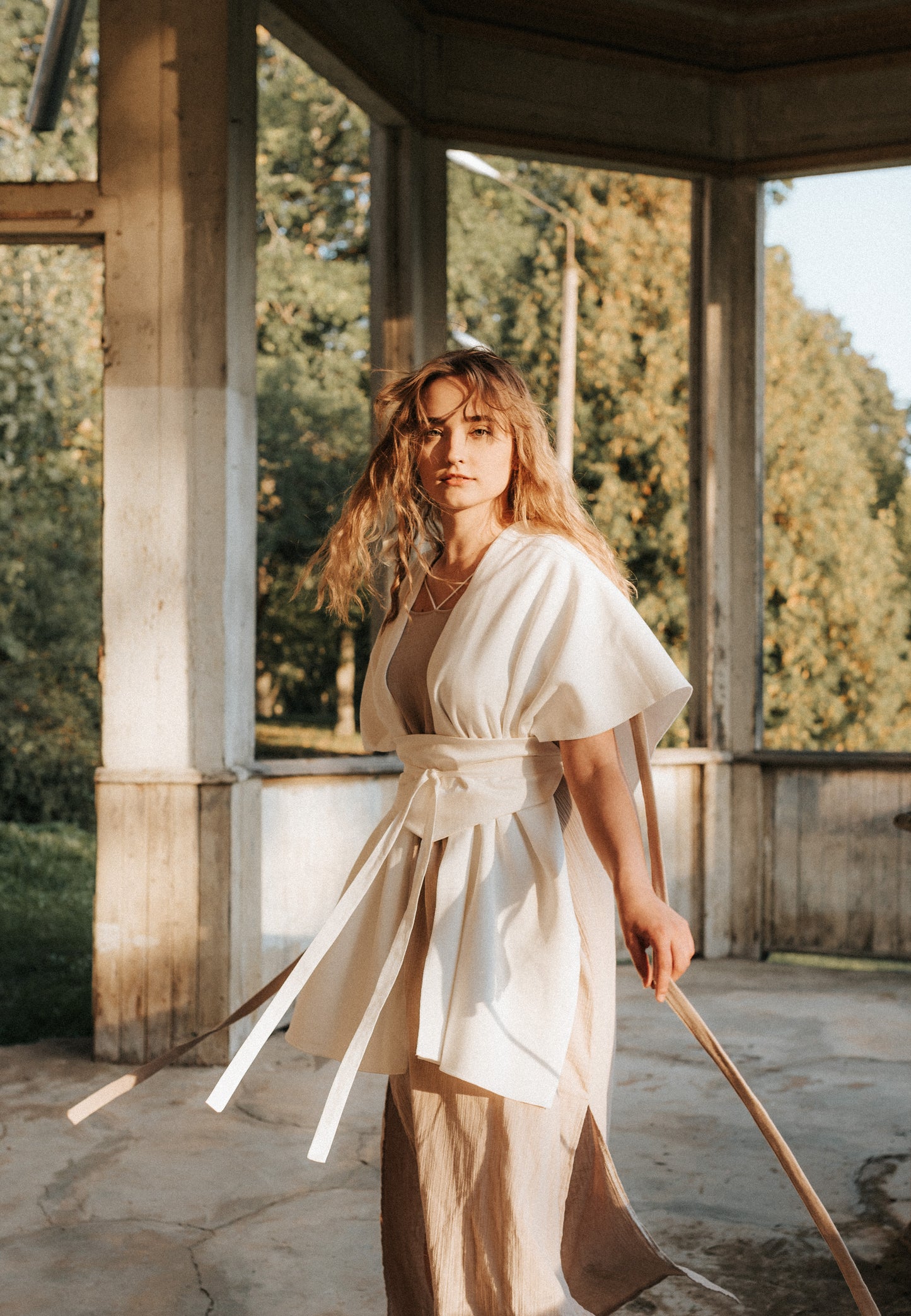 Set of AWEN Cloak, INNAMA Dress and Diamond Belt / Milky White, Beige