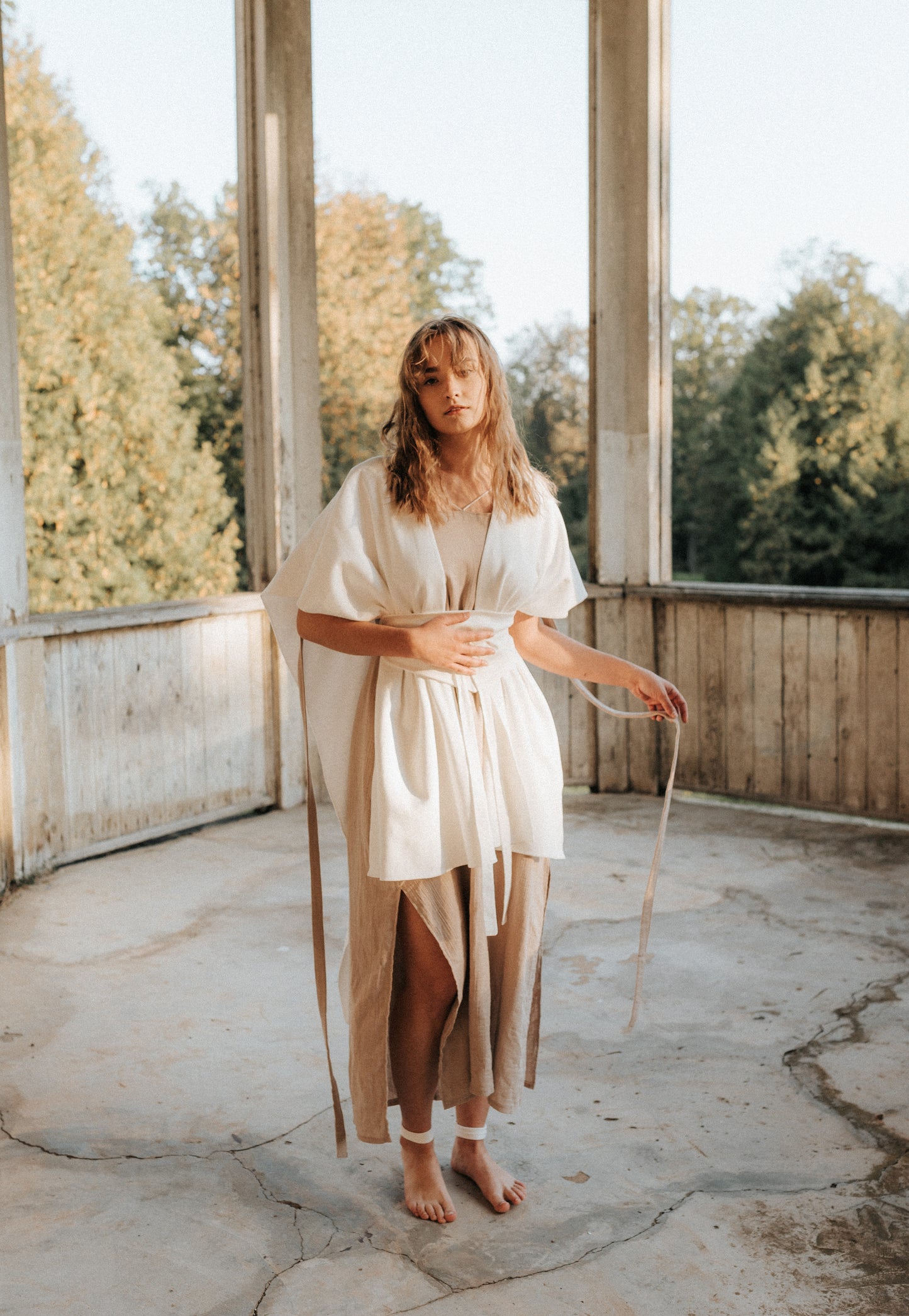 Set of AWEN Cloak, INNAMA Dress and Diamond Belt / Milky White, Beige