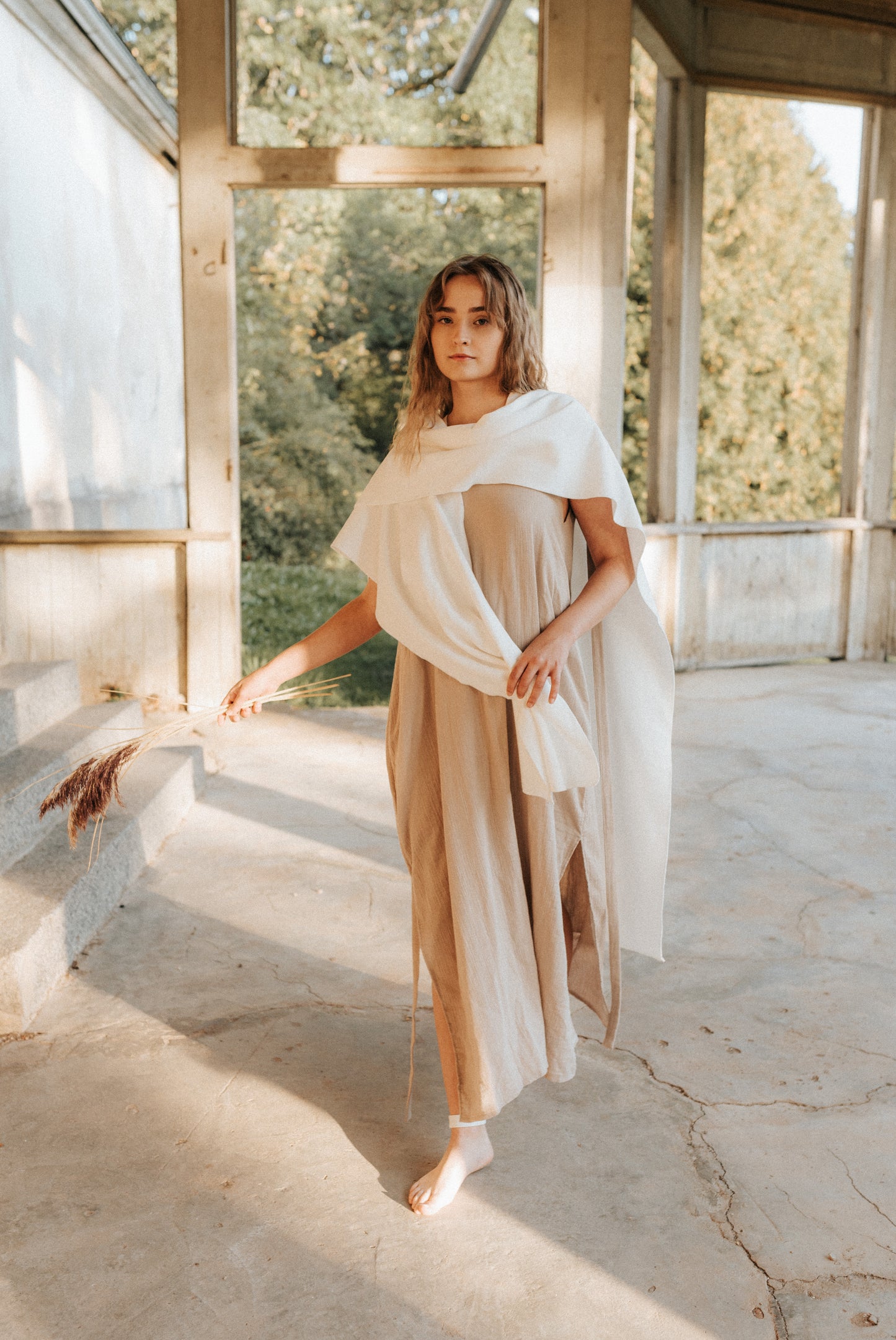 Set of AWEN Cloak, INNAMA Dress and Diamond Belt / Milky White, Beige