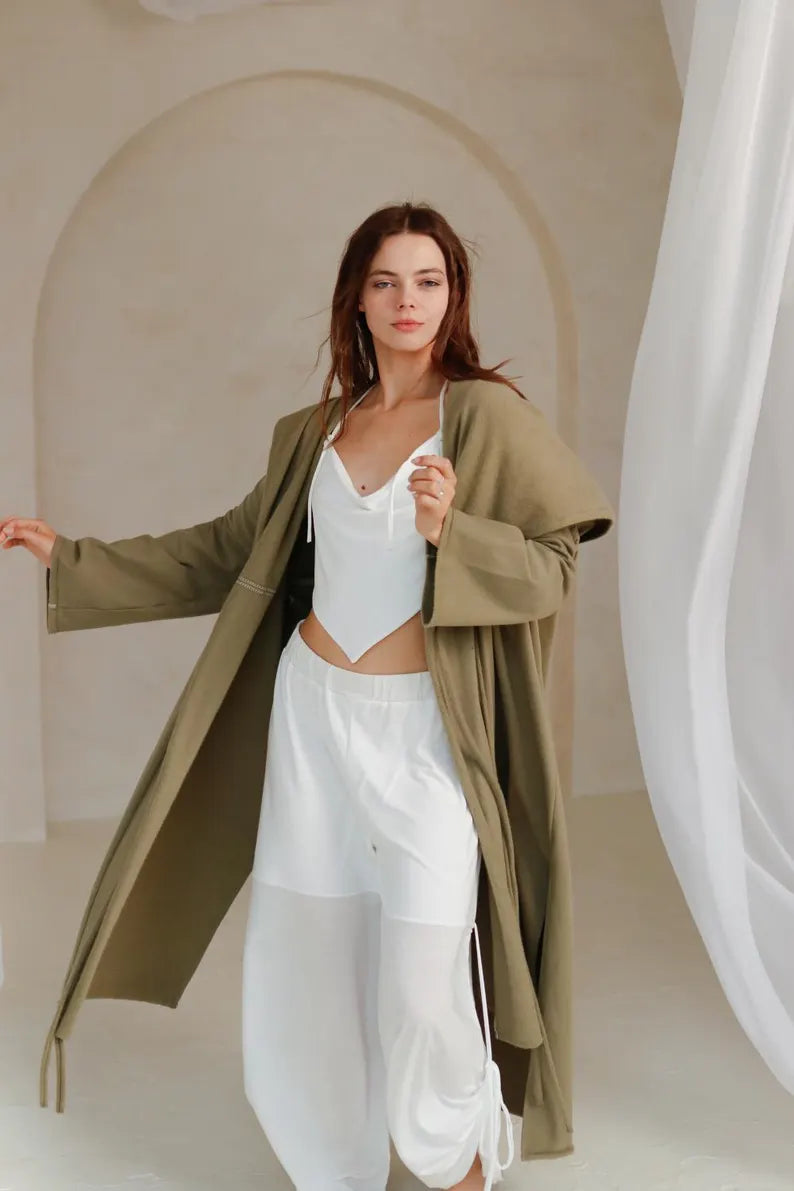KYRA Warm Organic Cotton Cardigan Coat with Hood / Olive Green