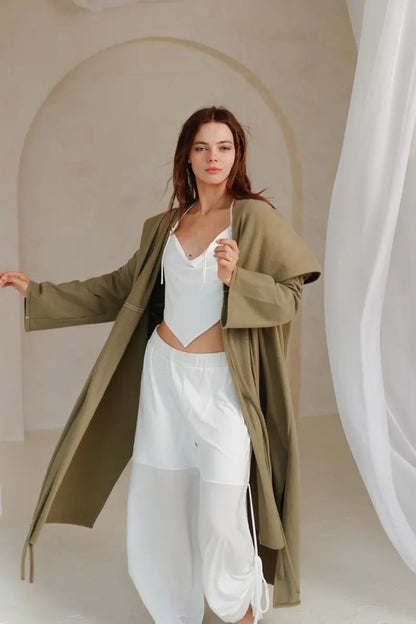 KYRA Warm Organic Cotton Cardigan Coat with Hood / Olive Green
