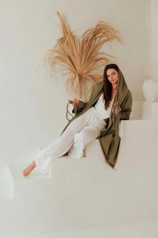 KYRA Warm Organic Cotton Cardigan Coat with Hood / Olive Green