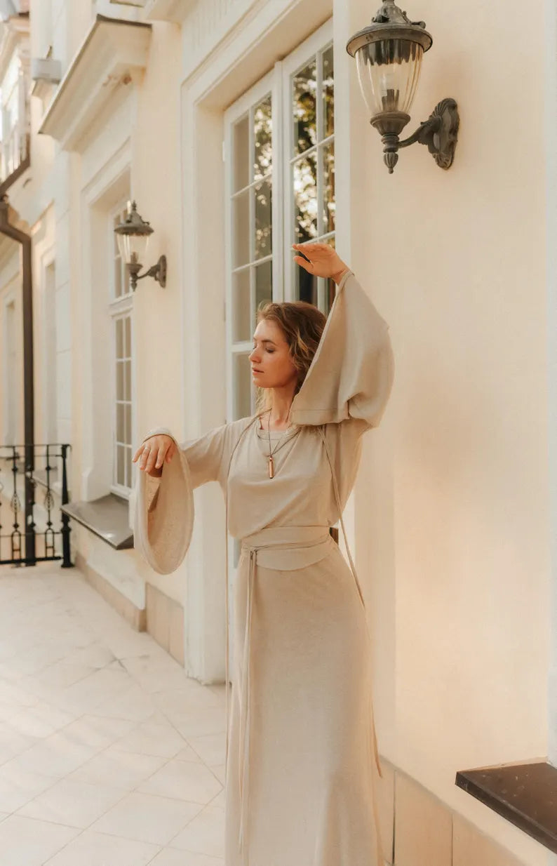 THEA Open Back Linen Knit Dress / Beige