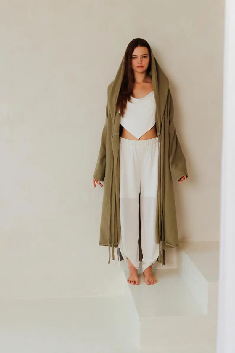 KYRA Warm Organic Cotton Cardigan Coat with Hood / Olive Green