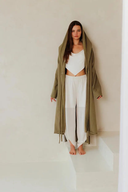KYRA Warm Organic Cotton Cardigan Coat with Hood / Olive Green