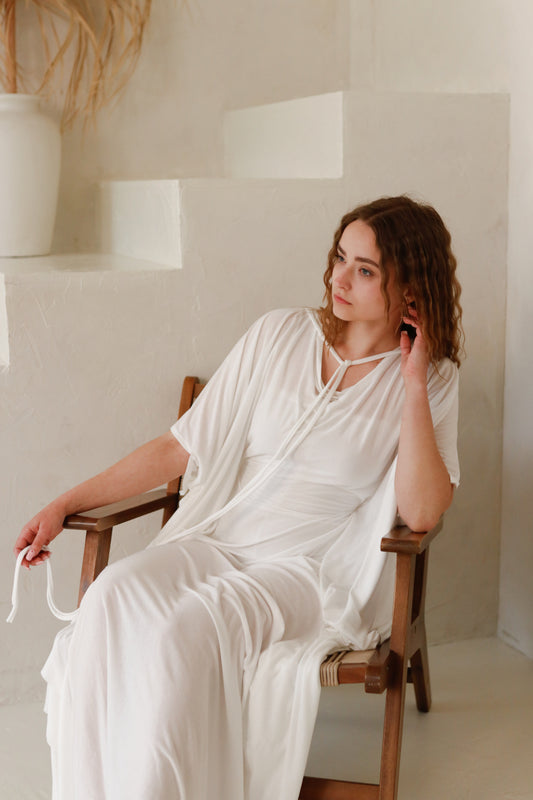 AMAYA Feminine Waist Kaftan Dress with under-body / Milky White
