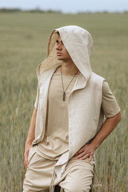 Linen Short sleeve Shirt with Hood for men / Beige