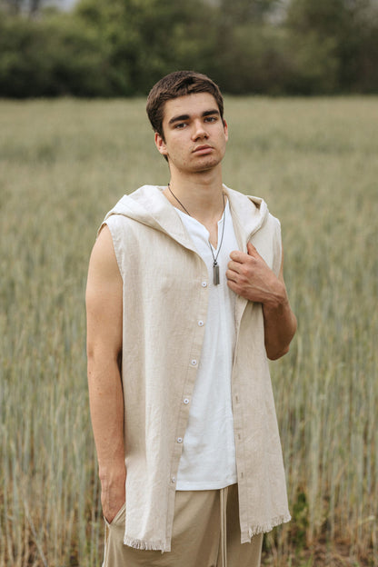 Linen Short sleeve Shirt with Hood for men / Beige