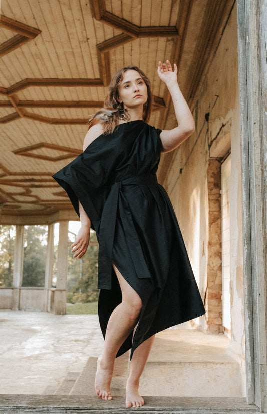 APHRODITE Organic Cotton Sateen One Shoulder Dress / Black