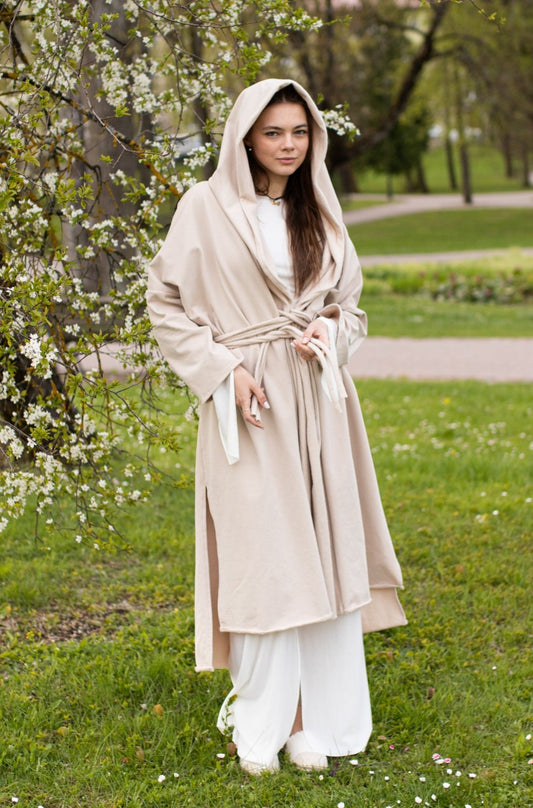 KYRA Warm Organic Cotton Cardigan Coat with Hood / Beige